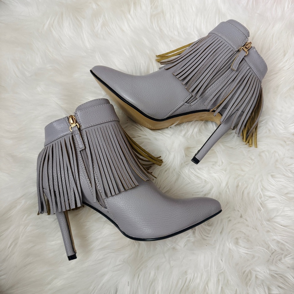 Gray Fringe Faux Leather Ankle Boots